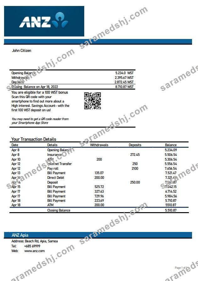 Samoa ANZ bank statement